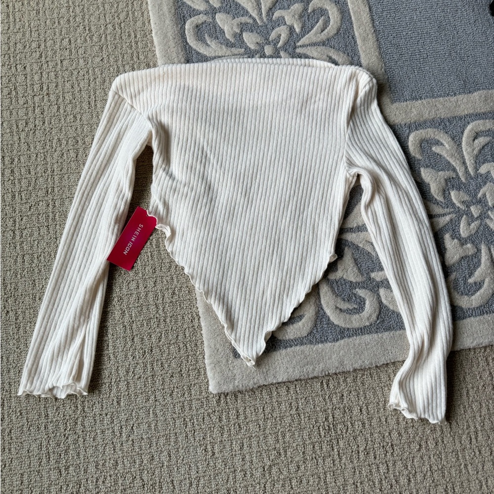 Shein Off White Ribbed Long Sleeve Top